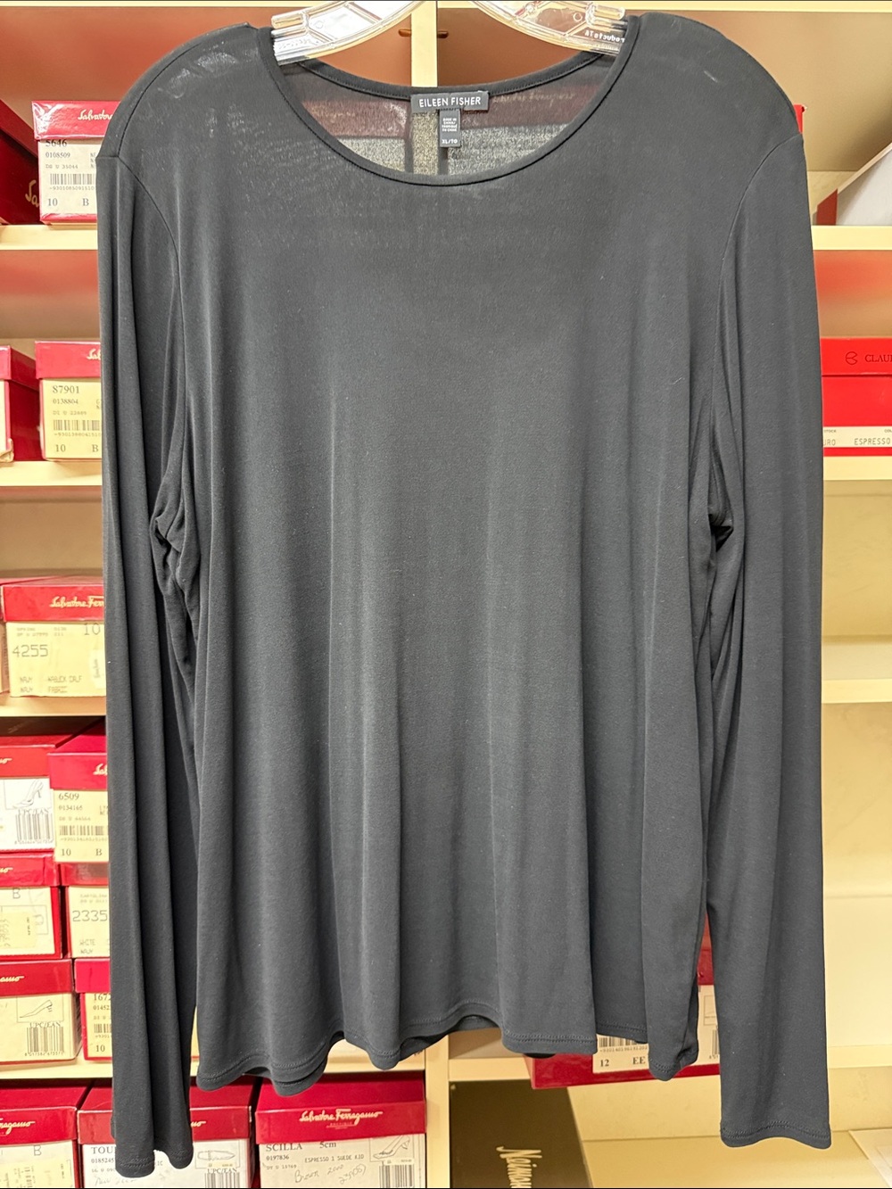 Eileen Fisher Black Long-Sleeve Scoop Neck 100% silk Top